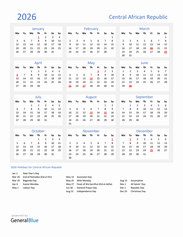 Basic Yearly Calendar with Holidays in Central African Republic for 2026 