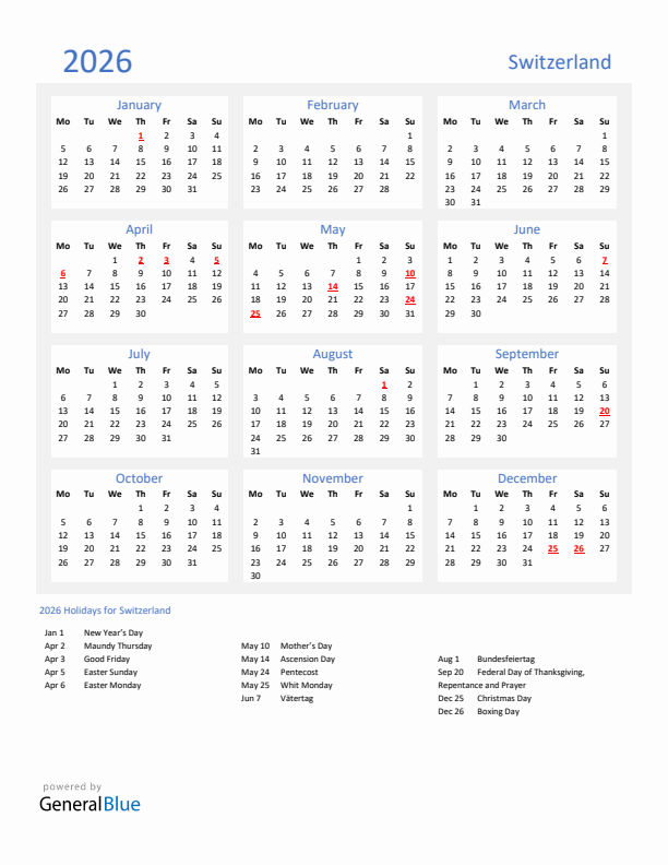 Basic Yearly Calendar with Holidays in Switzerland for 2026 
