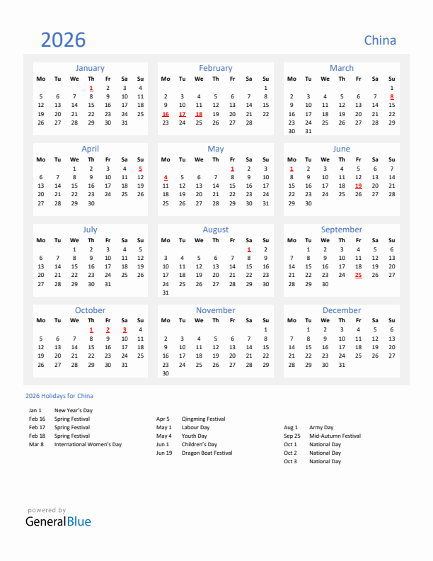 Basic Yearly Calendar with Holidays in China for 2026 