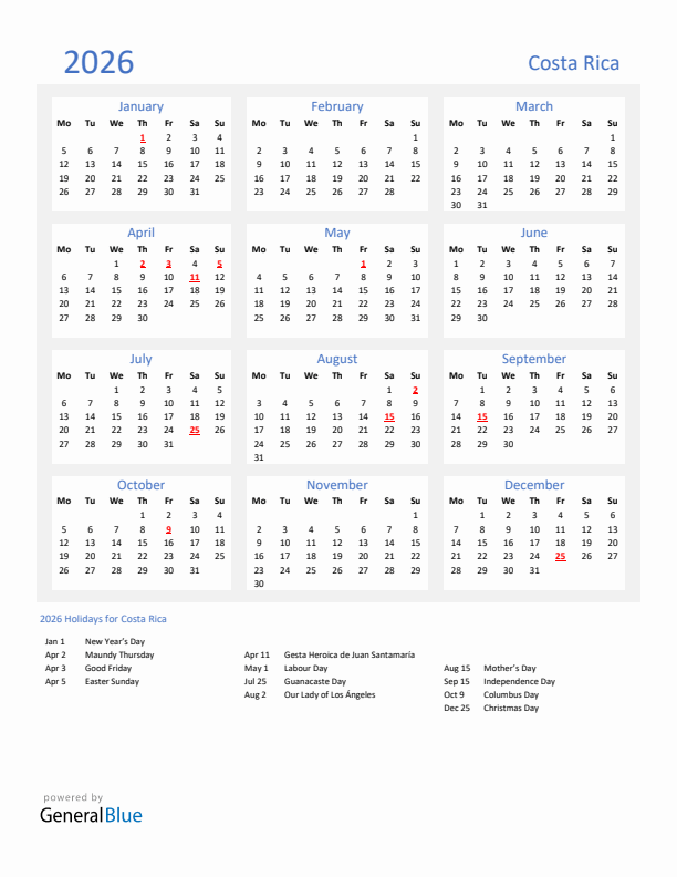 Basic Yearly Calendar with Holidays in Costa Rica for 2026 