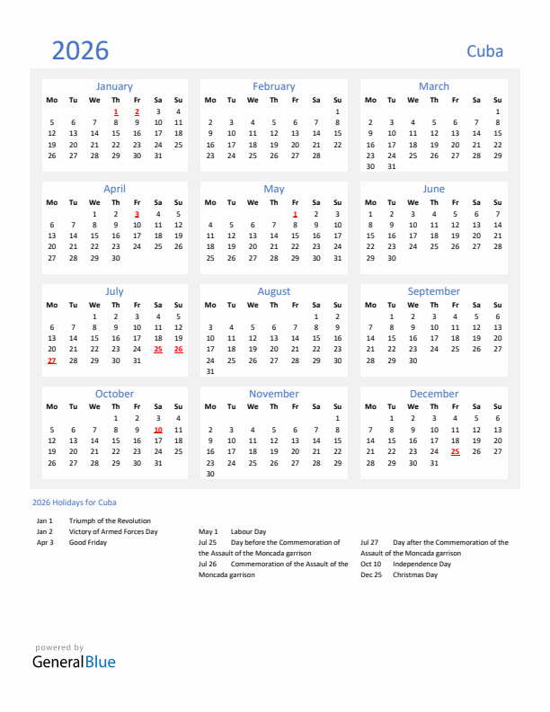 Basic Yearly Calendar with Holidays in Cuba for 2026 