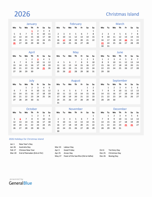 Basic Yearly Calendar with Holidays in Christmas Island for 2026 
