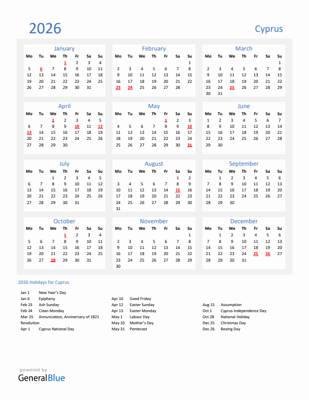 Basic Yearly Calendar with Holidays in Cyprus for 2026 