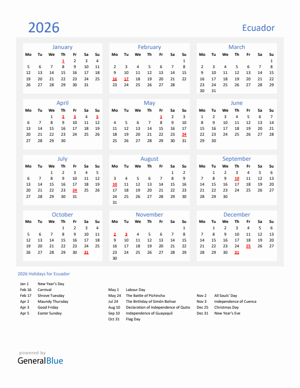 Basic Yearly Calendar with Holidays in Ecuador for 2026 