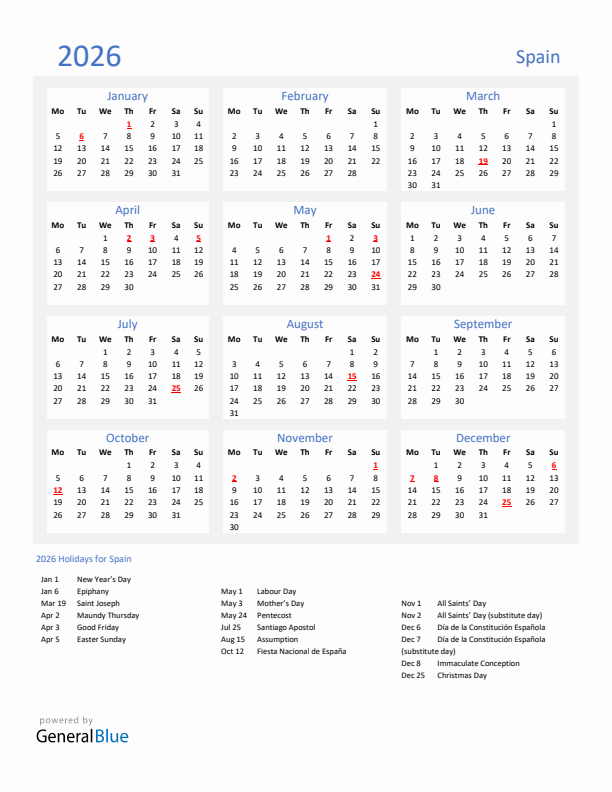Basic Yearly Calendar with Holidays in Spain for 2026 