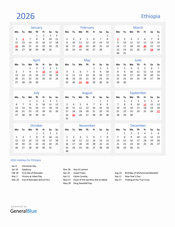 Basic Yearly Calendar with Holidays in Ethiopia for 2026 