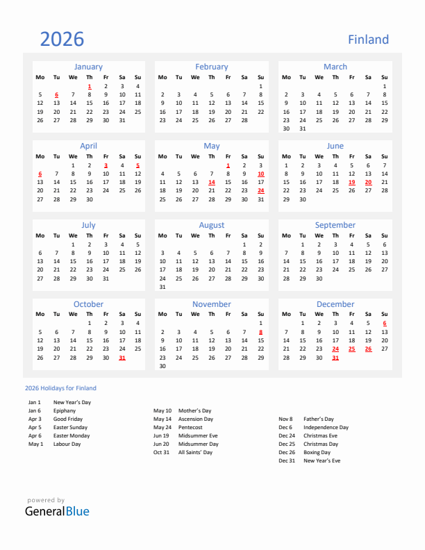Basic Yearly Calendar with Holidays in Finland for 2026 