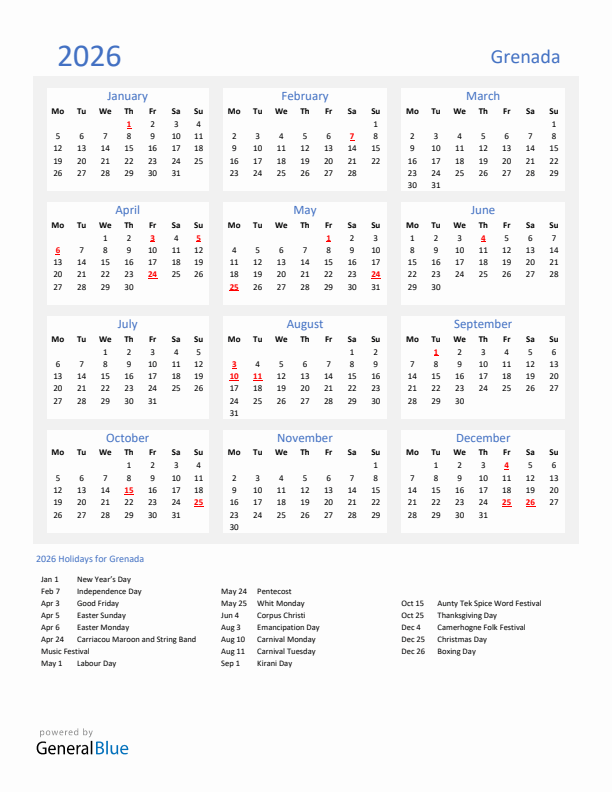 Basic Yearly Calendar with Holidays in Grenada for 2026 