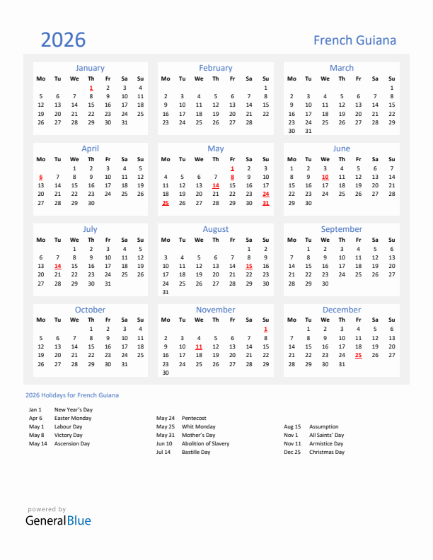Basic Yearly Calendar with Holidays in French Guiana for 2026 