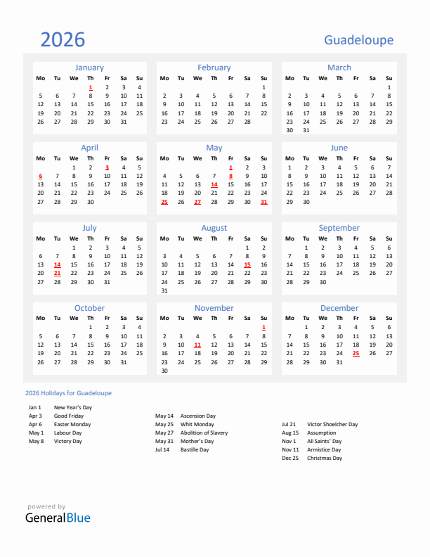 Basic Yearly Calendar with Holidays in Guadeloupe for 2026 