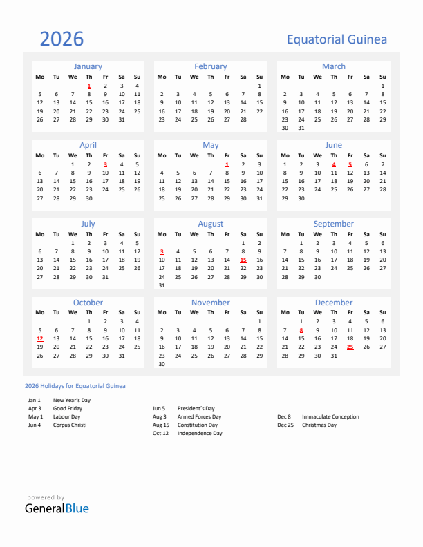 Basic Yearly Calendar with Holidays in Equatorial Guinea for 2026 