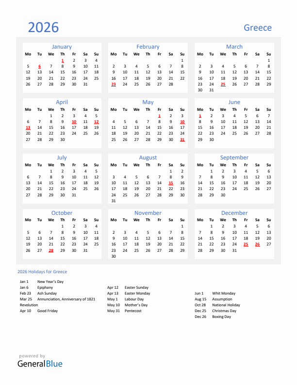 Basic Yearly Calendar with Holidays in Greece for 2026 