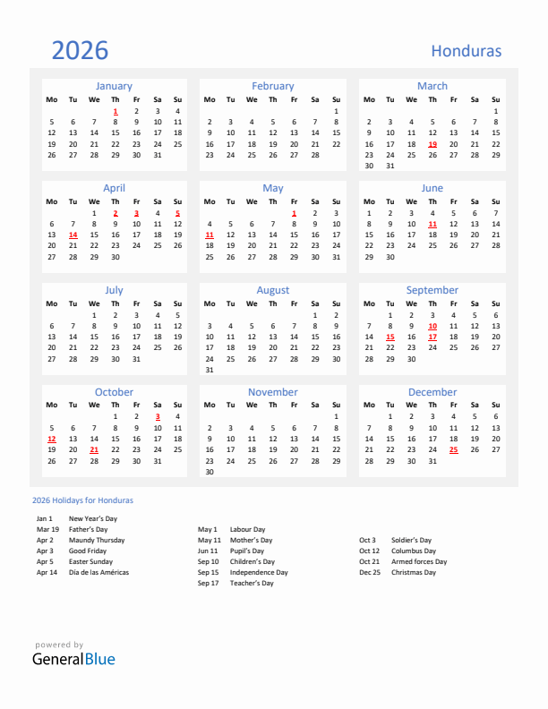 Basic Yearly Calendar with Holidays in Honduras for 2026 