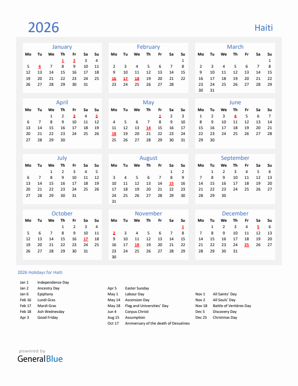 Basic Yearly Calendar with Holidays in Haiti for 2026 