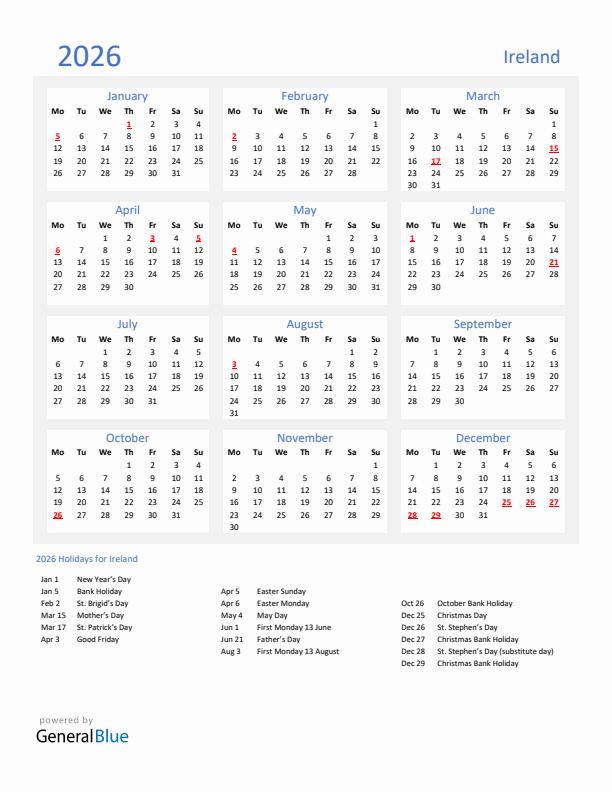 Basic Yearly Calendar with Holidays in Ireland for 2026 