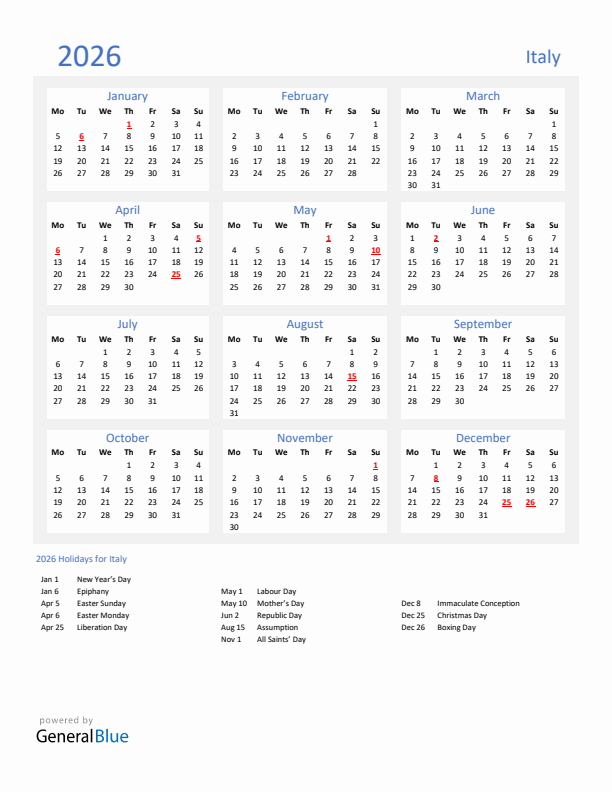 Basic Yearly Calendar with Holidays in Italy for 2026 