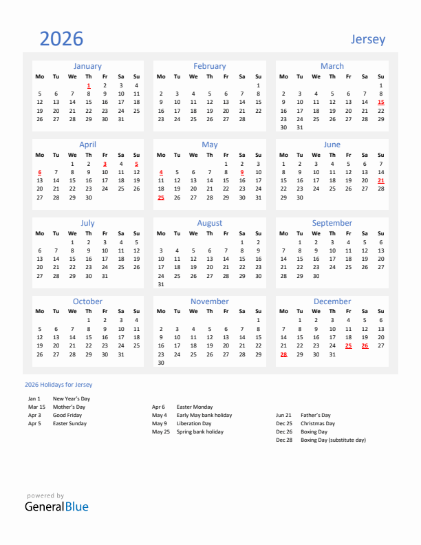 Basic Yearly Calendar with Holidays in Jersey for 2026 