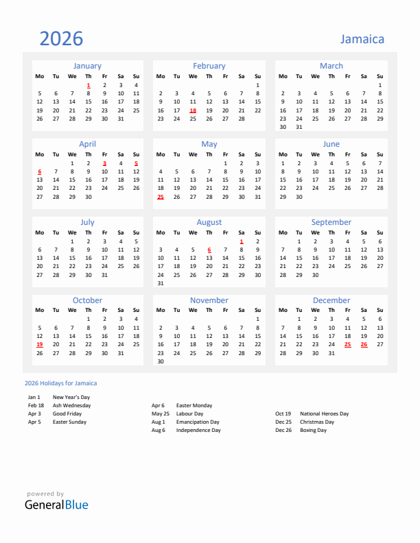 Basic Yearly Calendar with Holidays in Jamaica for 2026 