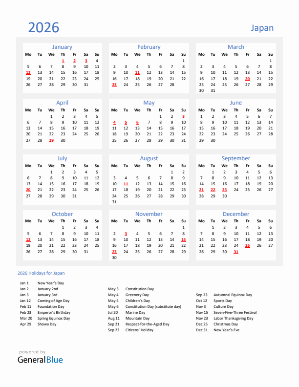 Basic Yearly Calendar with Holidays in Japan for 2026 
