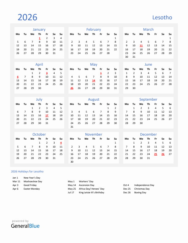 Basic Yearly Calendar with Holidays in Lesotho for 2026 