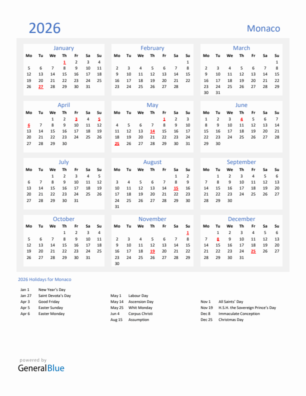 Basic Yearly Calendar with Holidays in Monaco for 2026 