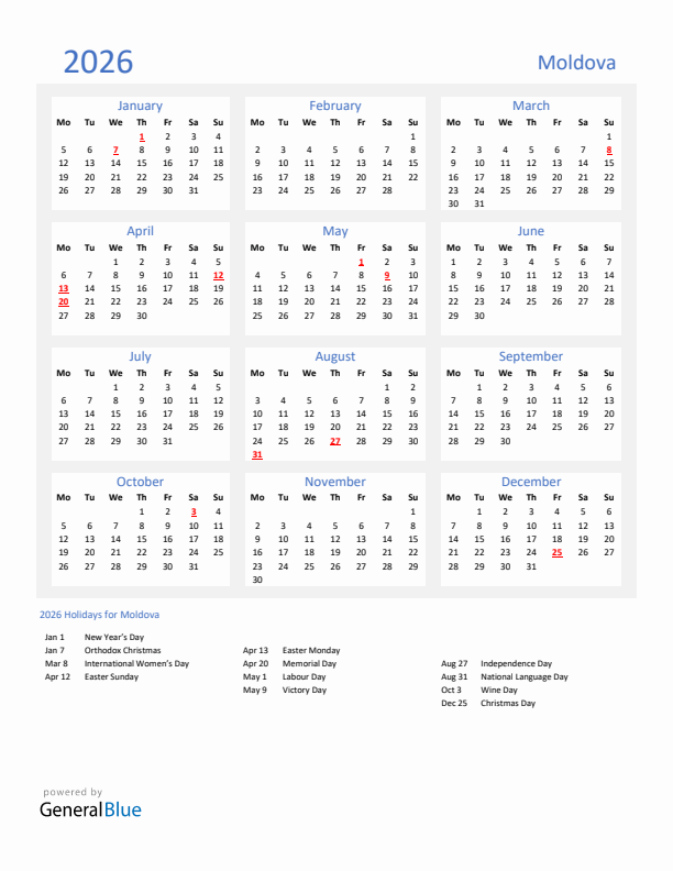 Basic Yearly Calendar with Holidays in Moldova for 2026 