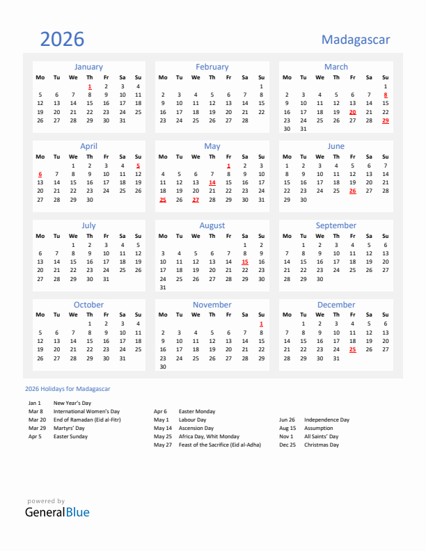 Basic Yearly Calendar with Holidays in Madagascar for 2026 