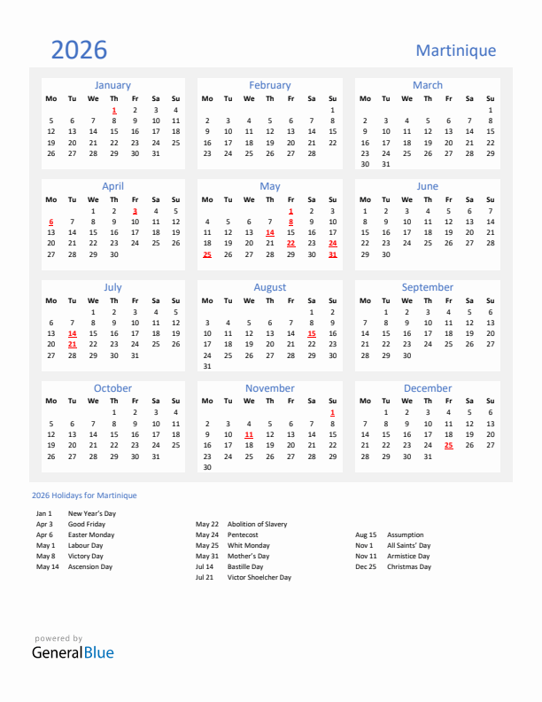Basic Yearly Calendar with Holidays in Martinique for 2026 