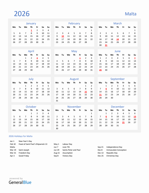 Basic Yearly Calendar with Holidays in Malta for 2026 