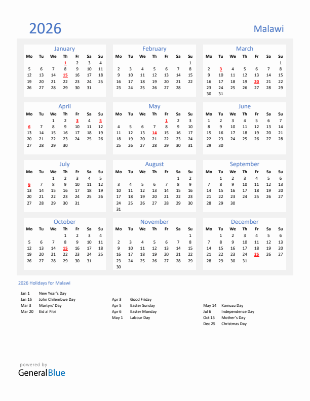 Basic Yearly Calendar with Holidays in Malawi for 2026 