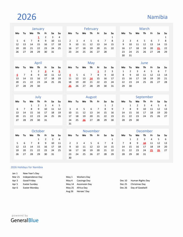 Basic Yearly Calendar with Holidays in Namibia for 2026 