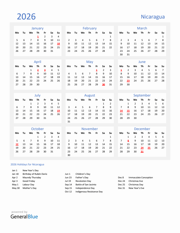 Basic Yearly Calendar with Holidays in Nicaragua for 2026 
