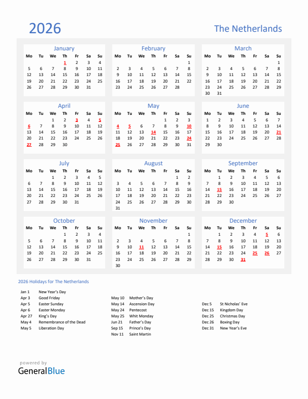 Basic Yearly Calendar with Holidays in The Netherlands for 2026 