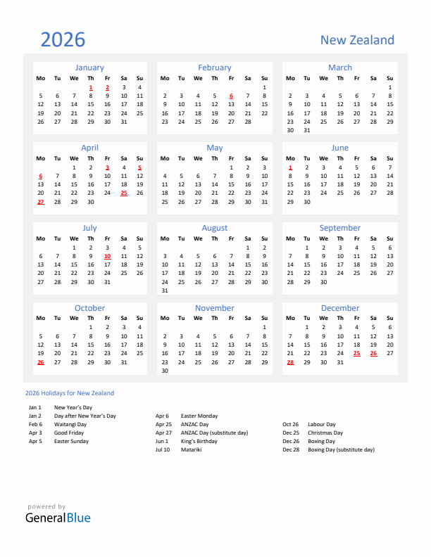 Basic Yearly Calendar with Holidays in New Zealand for 2026 