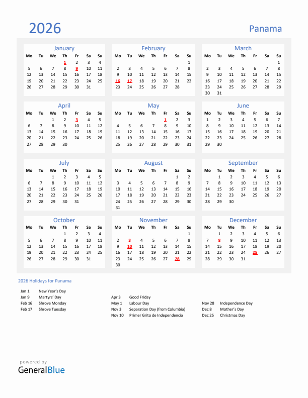 Basic Yearly Calendar with Holidays in Panama for 2026 