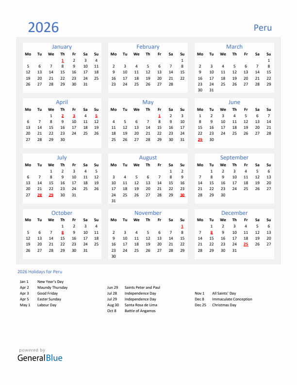 Basic Yearly Calendar with Holidays in Peru for 2026 