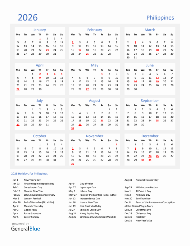 Basic Yearly Calendar with Holidays in Philippines for 2026 