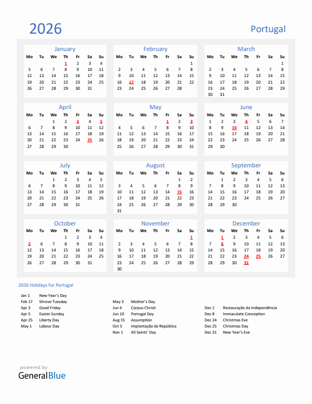Basic Yearly Calendar with Holidays in Portugal for 2026 