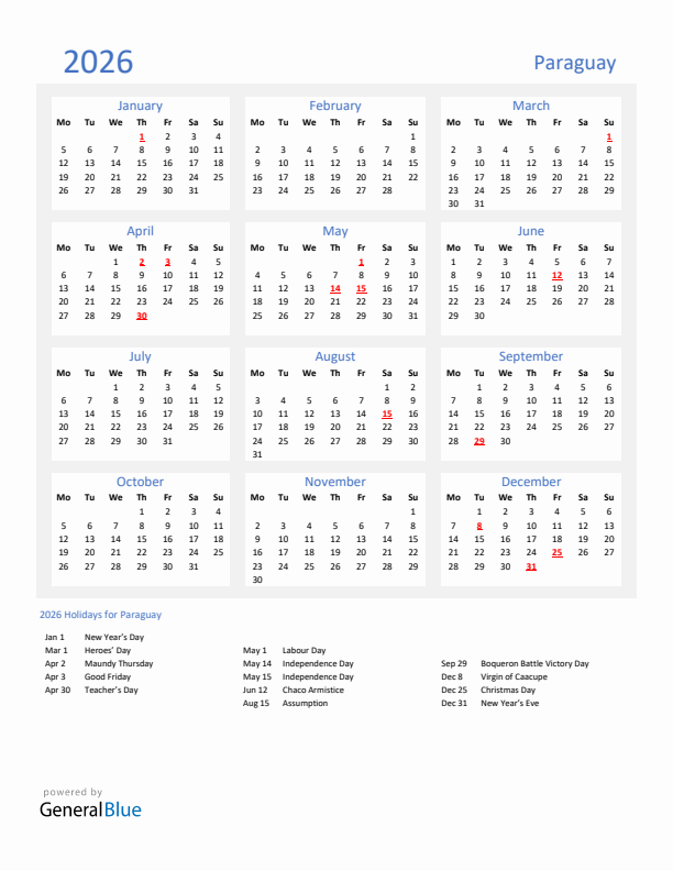 Basic Yearly Calendar with Holidays in Paraguay for 2026 