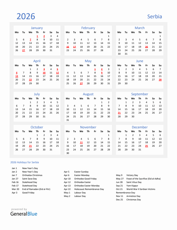 Basic Yearly Calendar with Holidays in Serbia for 2026 