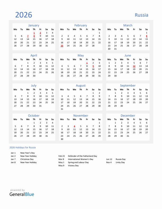 Basic Yearly Calendar with Holidays in Russia for 2026 
