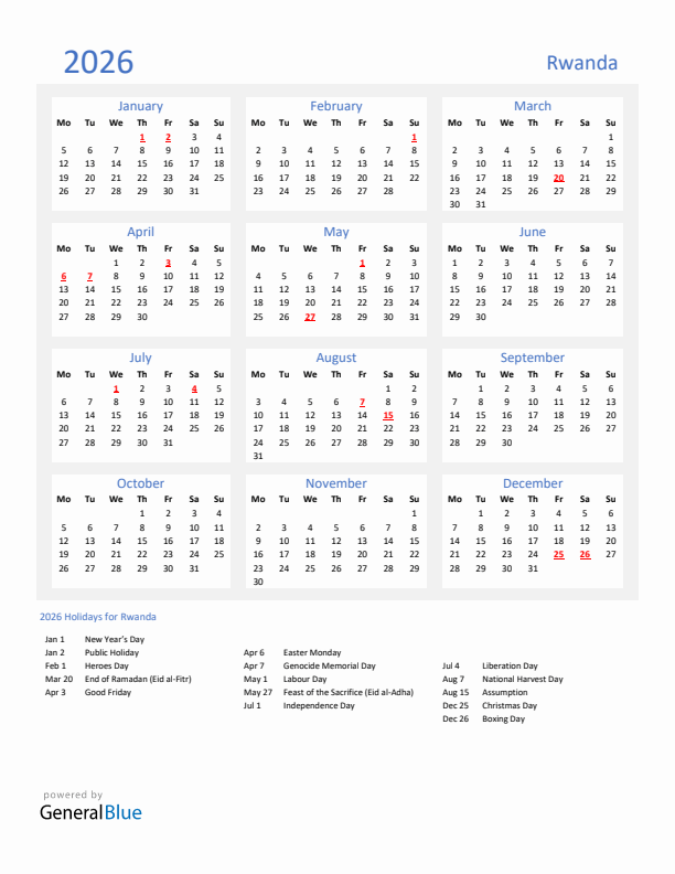 Basic Yearly Calendar with Holidays in Rwanda for 2026 