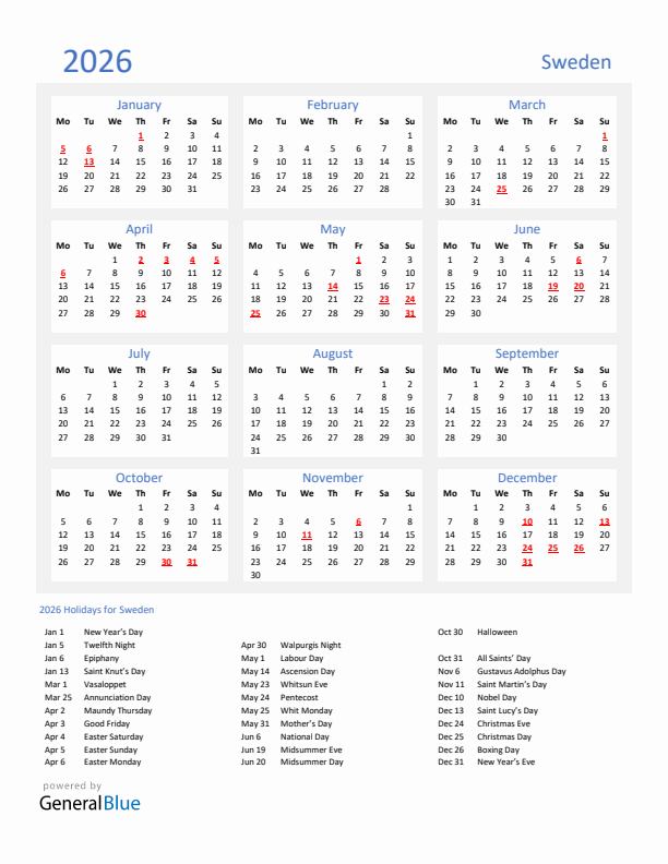 Basic Yearly Calendar with Holidays in Sweden for 2026 