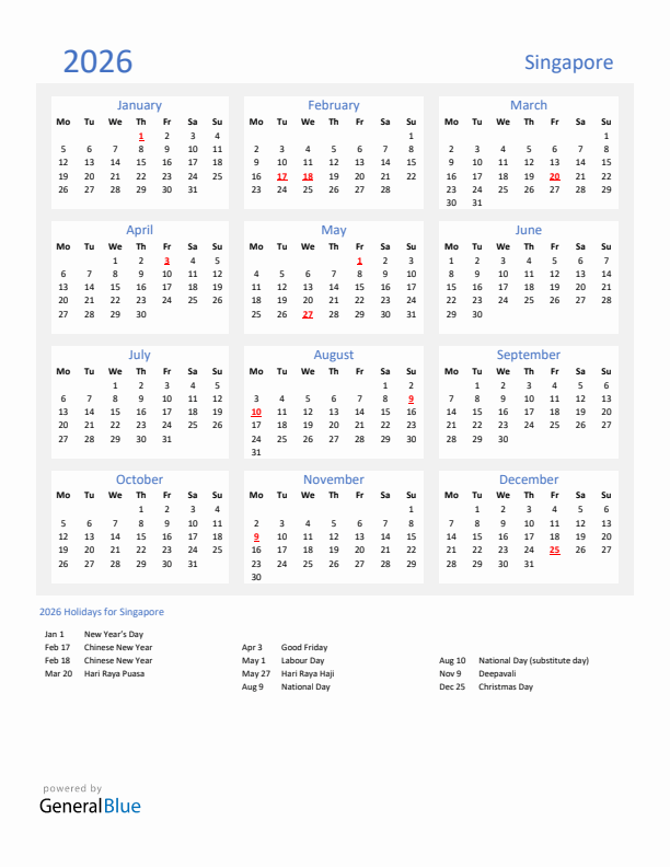 Basic Yearly Calendar with Holidays in Singapore for 2026 