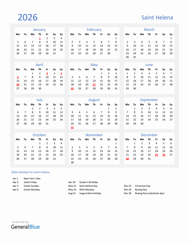 Basic Yearly Calendar with Holidays in Saint Helena for 2026 