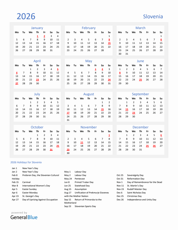 Basic Yearly Calendar with Holidays in Slovenia for 2026 
