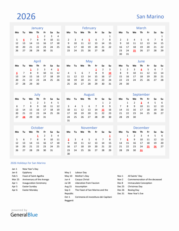 Basic Yearly Calendar with Holidays in San Marino for 2026 