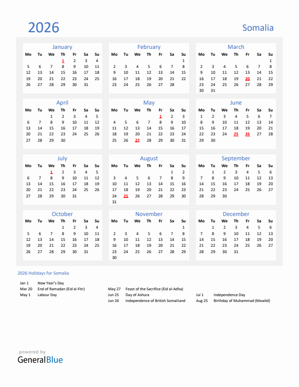 Basic Yearly Calendar with Holidays in Somalia for 2026 