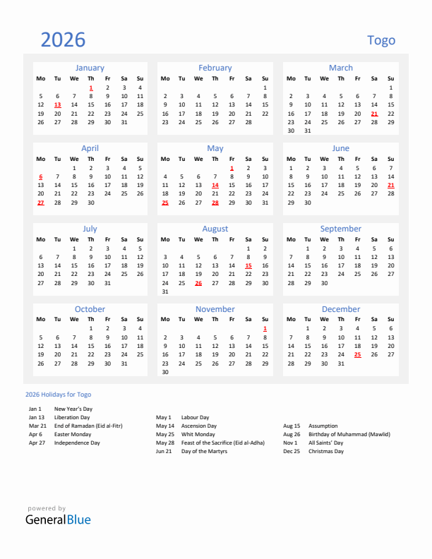 Basic Yearly Calendar with Holidays in Togo for 2026 