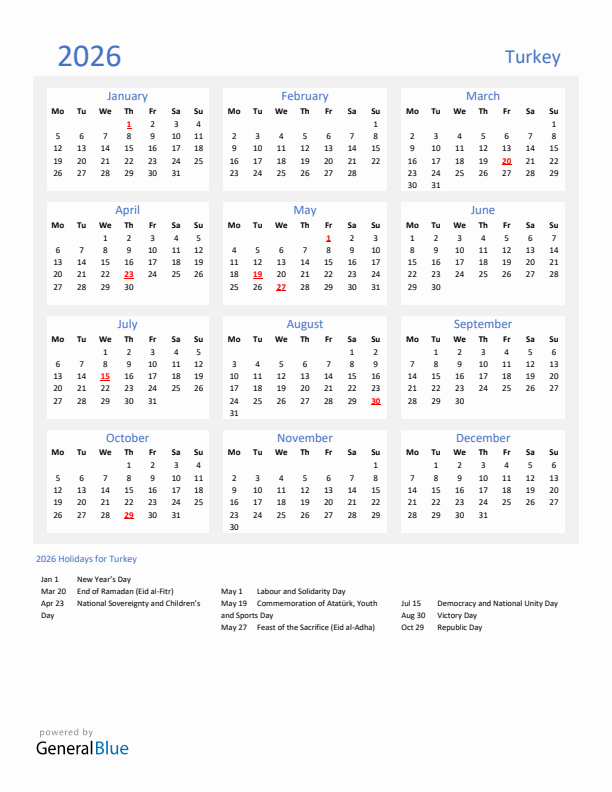 Basic Yearly Calendar with Holidays in Turkey for 2026 
